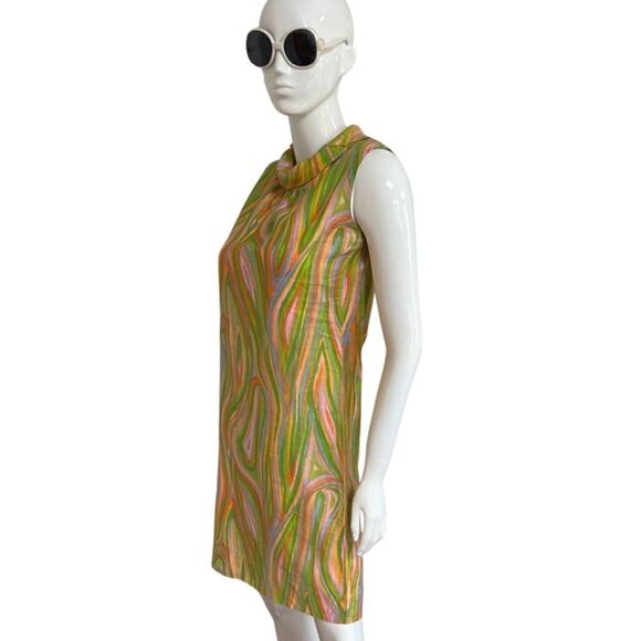 Groovy Handmade One of a Kind 60s / 70s Psychedelic Swirl Mock Neck Mini Dress - Picture 3 of 11